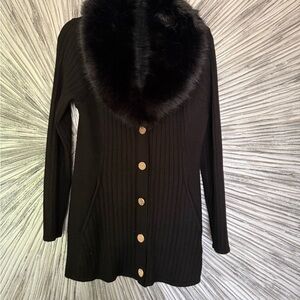 Boston Proper Black Cardigan with Plush Faux Fur Trim